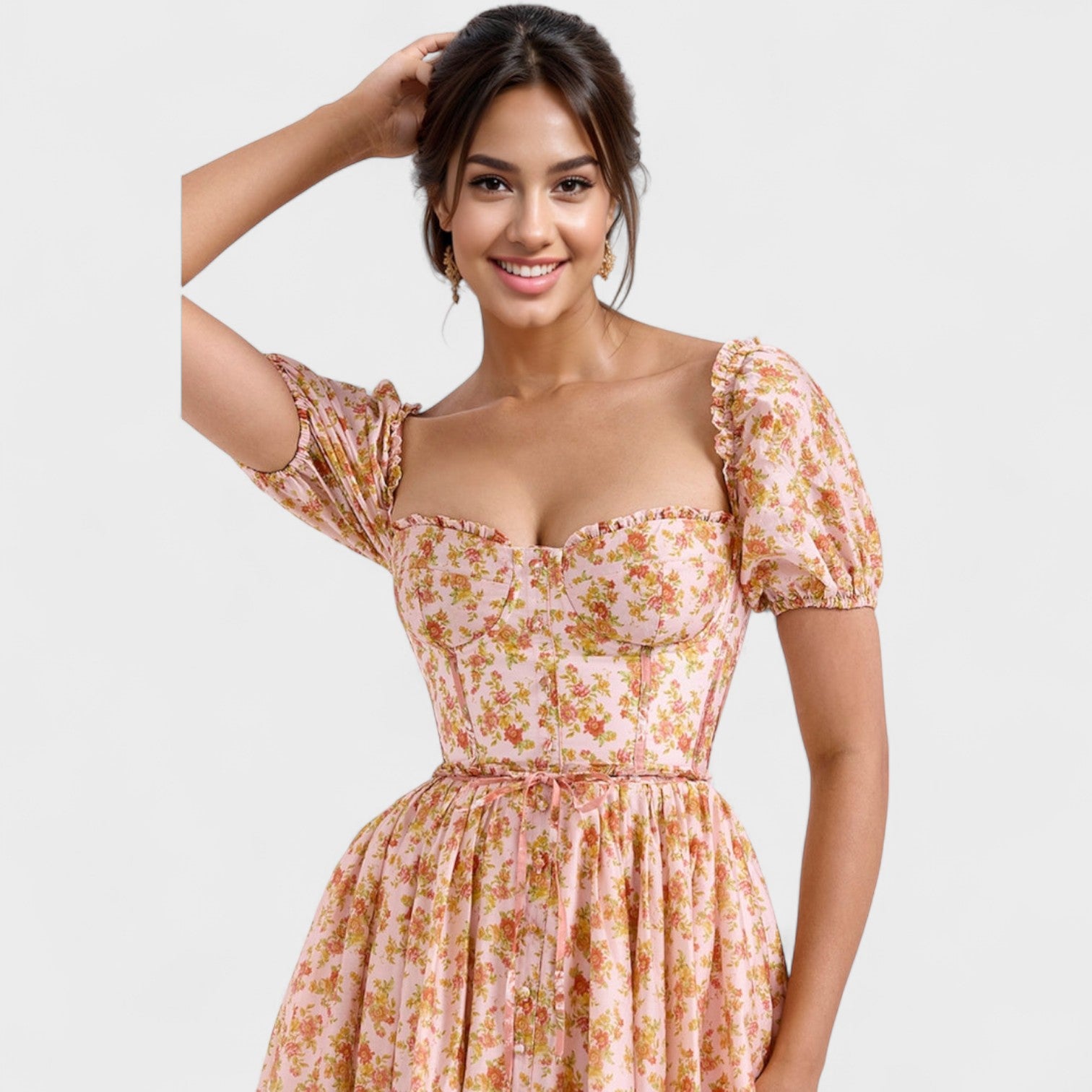 Peach Floral Print Midi Dress