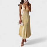 Pleated V-Neck Midi Dress