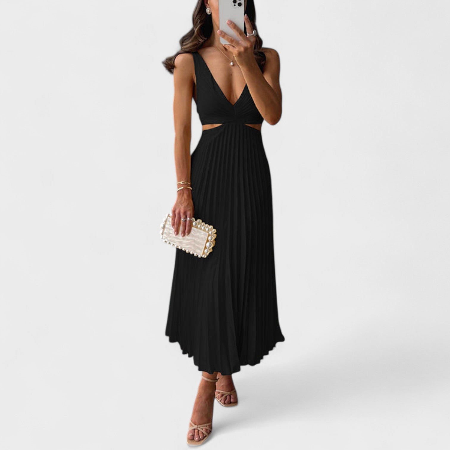 Pleated V-Neck Midi Dress