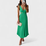 Pleated V-Neck Midi Dress