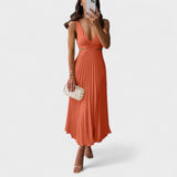 Pleated V-Neck Midi Dress