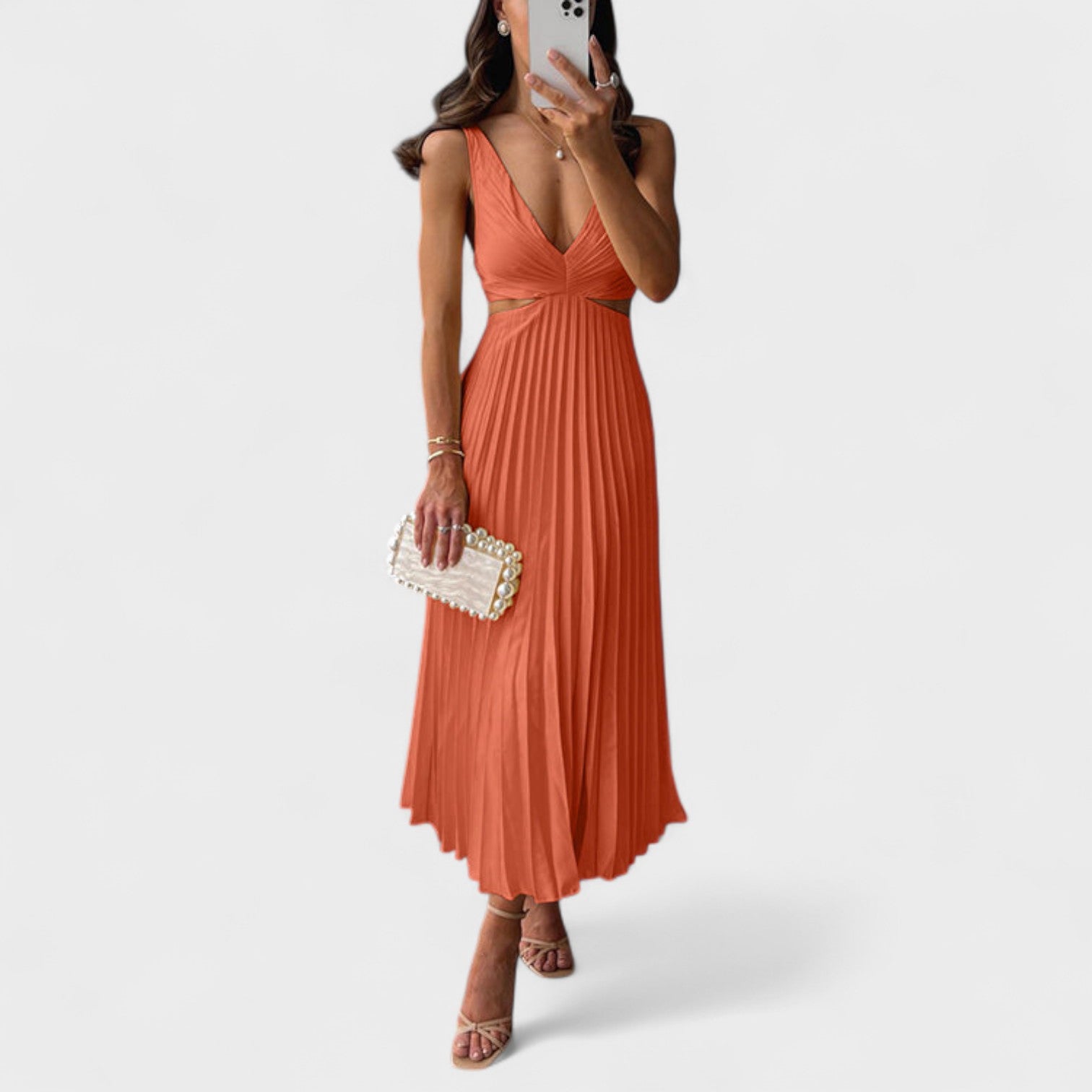 Pleated V-Neck Midi Dress