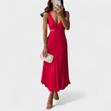 Pleated V-Neck Midi Dress