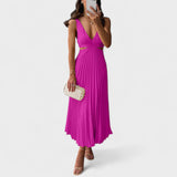 Pleated V-Neck Midi Dress