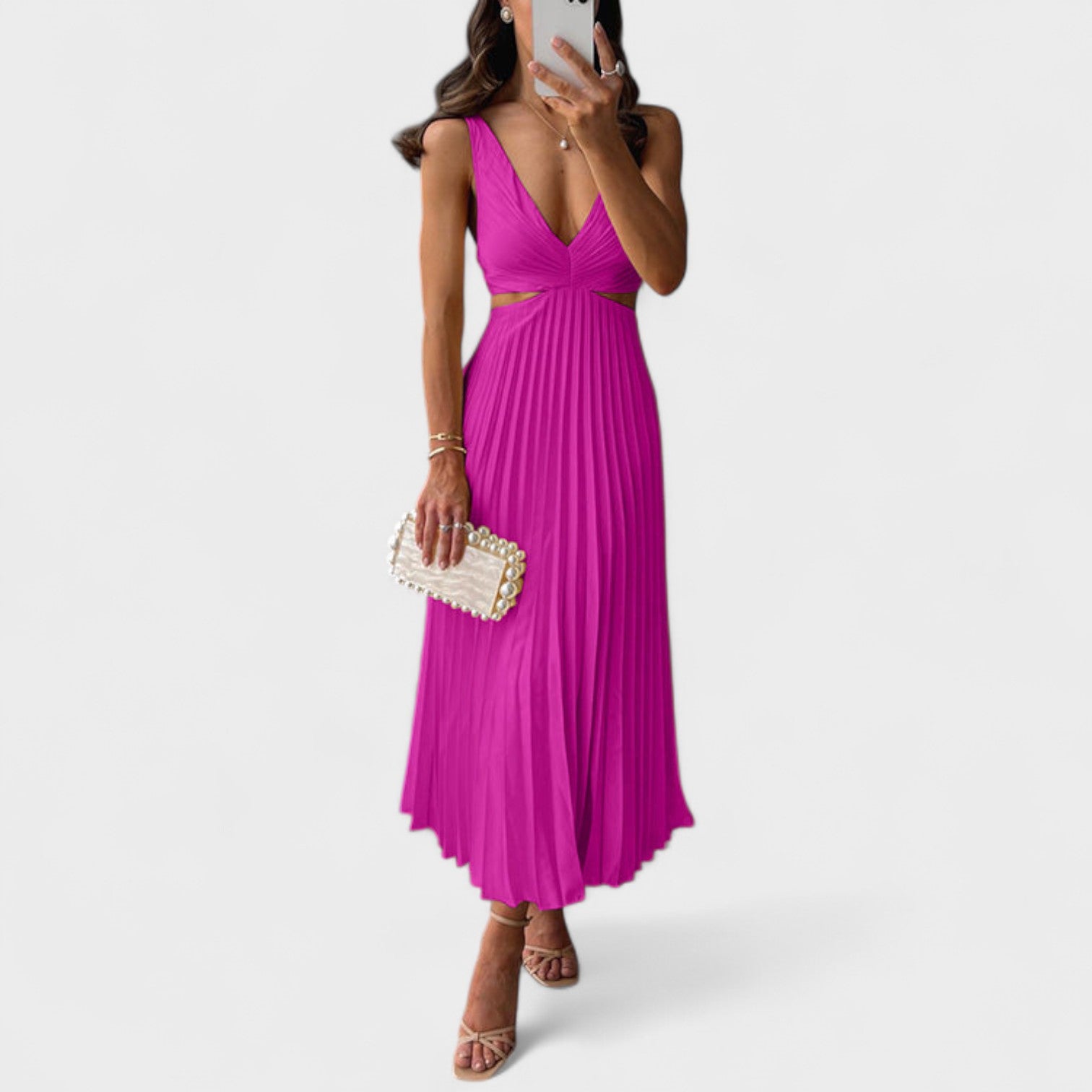 Pleated V-Neck Midi Dress