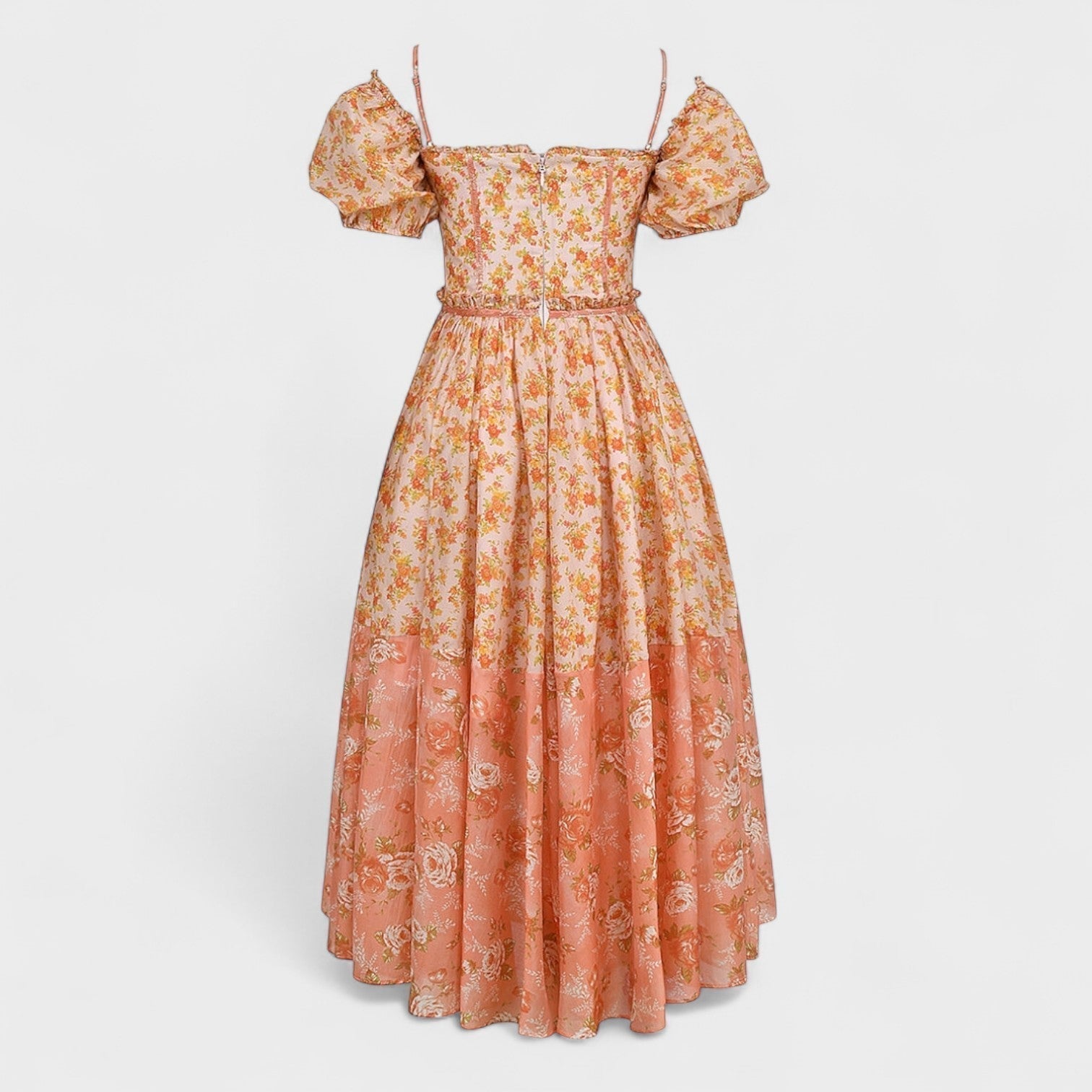 Peach Floral Print Midi Dress