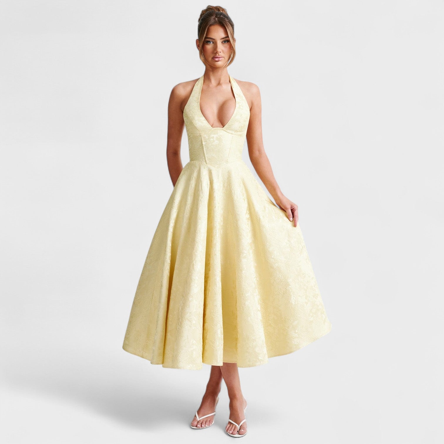 Corset-Back Textured Midi Dress