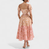 Peach Floral Print Midi Dress