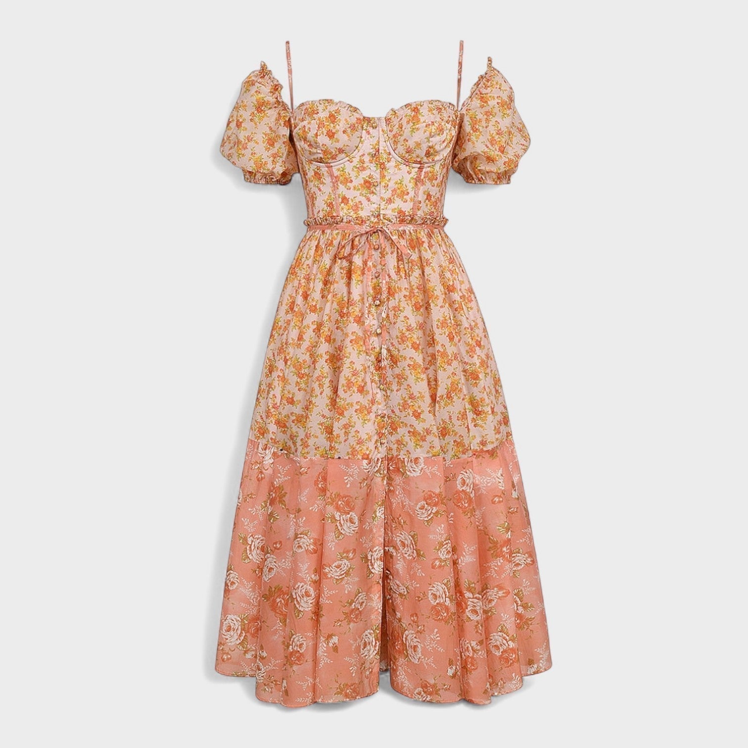 Peach Floral Print Midi Dress