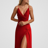 Satin Cascade-Neck Dress with Side Split