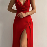 Satin Cascade-Neck Dress with Side Split