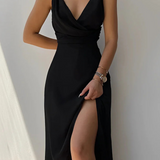 Satin Cascade-Neck Dress with Side Split