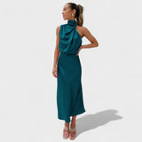 High-Neck Satin Midi Dress