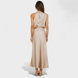 High-Neck Satin Midi Dress