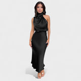 High-Neck Satin Midi Dress