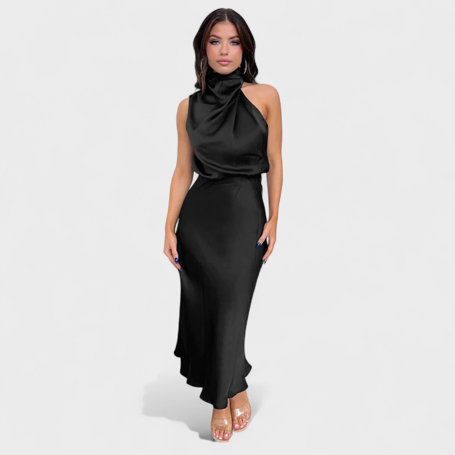 High-Neck Satin Midi Dress