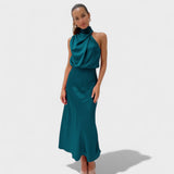 High-Neck Satin Midi Dress