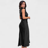 High-Neck Satin Midi Dress