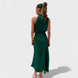 High-Neck Satin Midi Dress