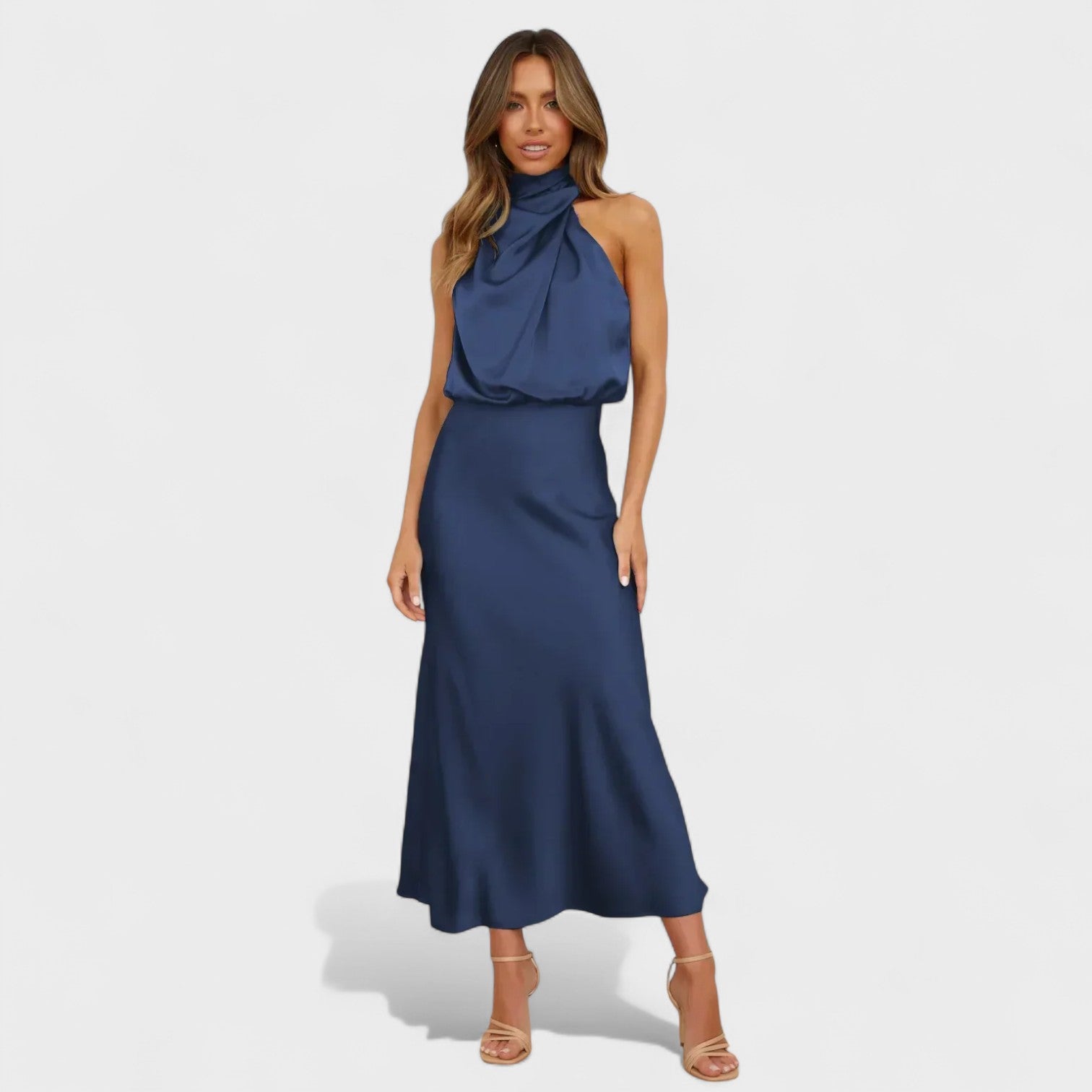 High-Neck Satin Midi Dress