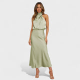 High-Neck Satin Midi Dress
