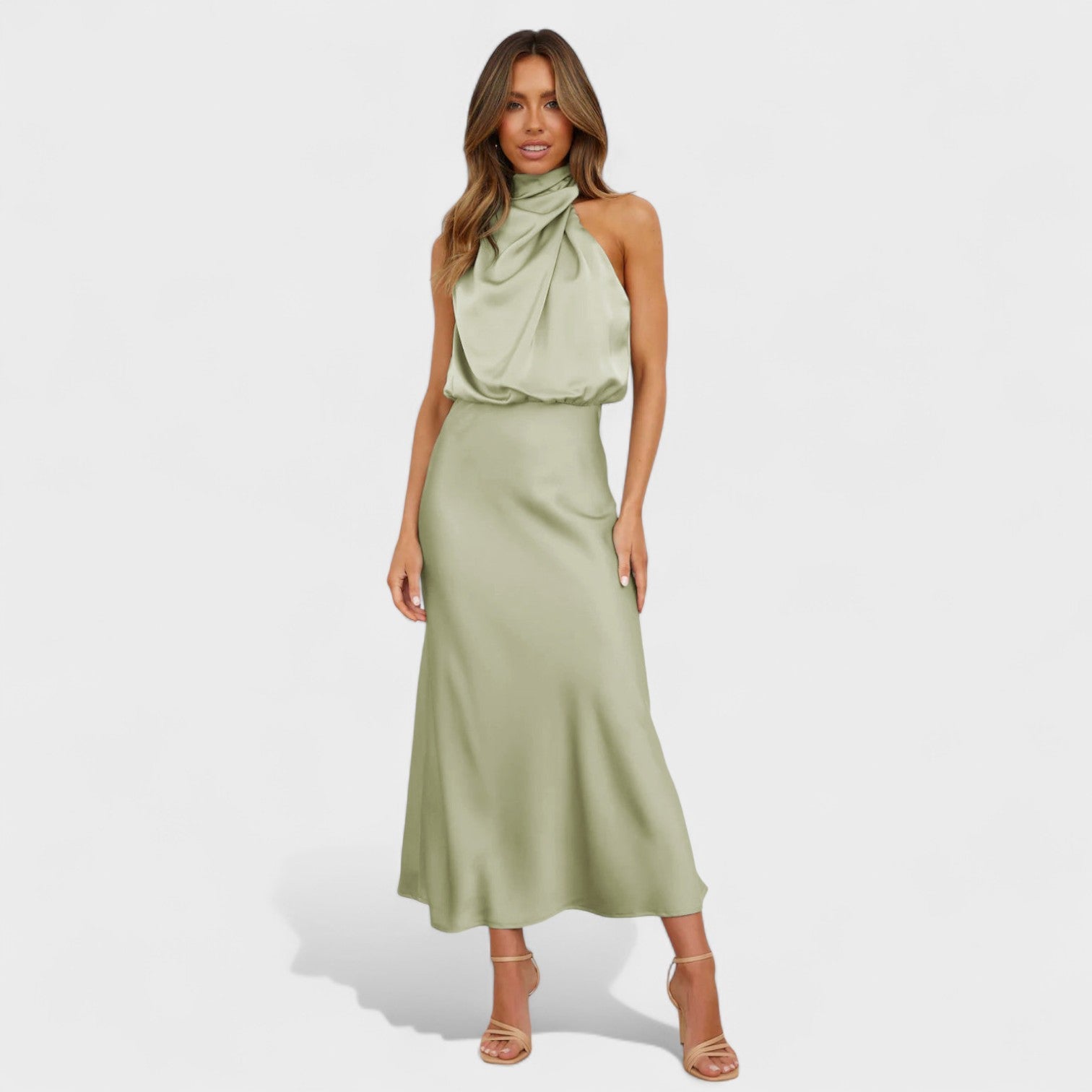 High-Neck Satin Midi Dress