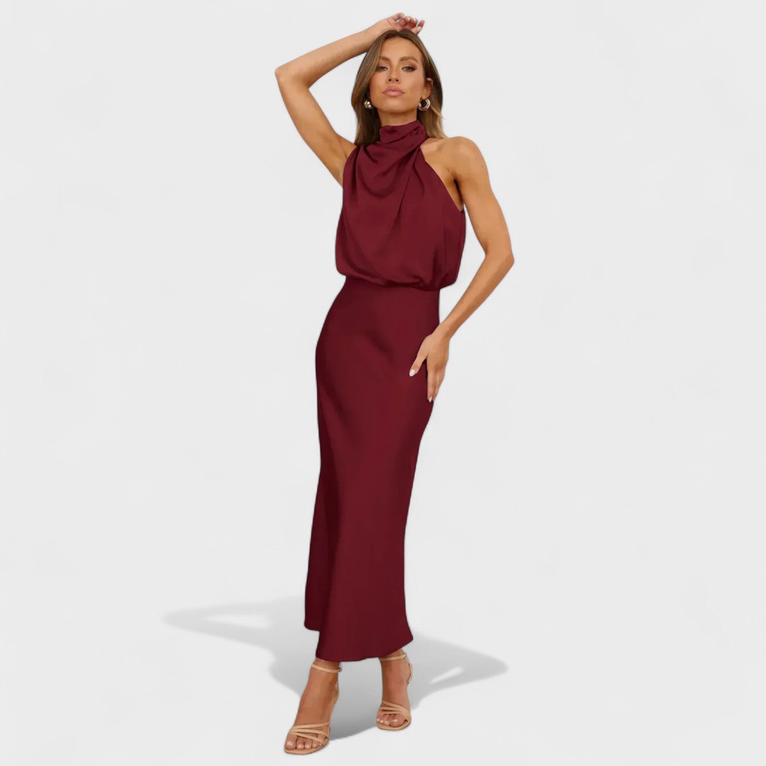 High-Neck Satin Midi Dress