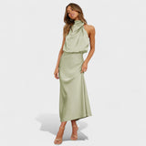High-Neck Satin Midi Dress