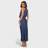 High-Neck Satin Midi Dress