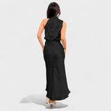 High-Neck Satin Midi Dress