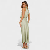 High-Neck Satin Midi Dress