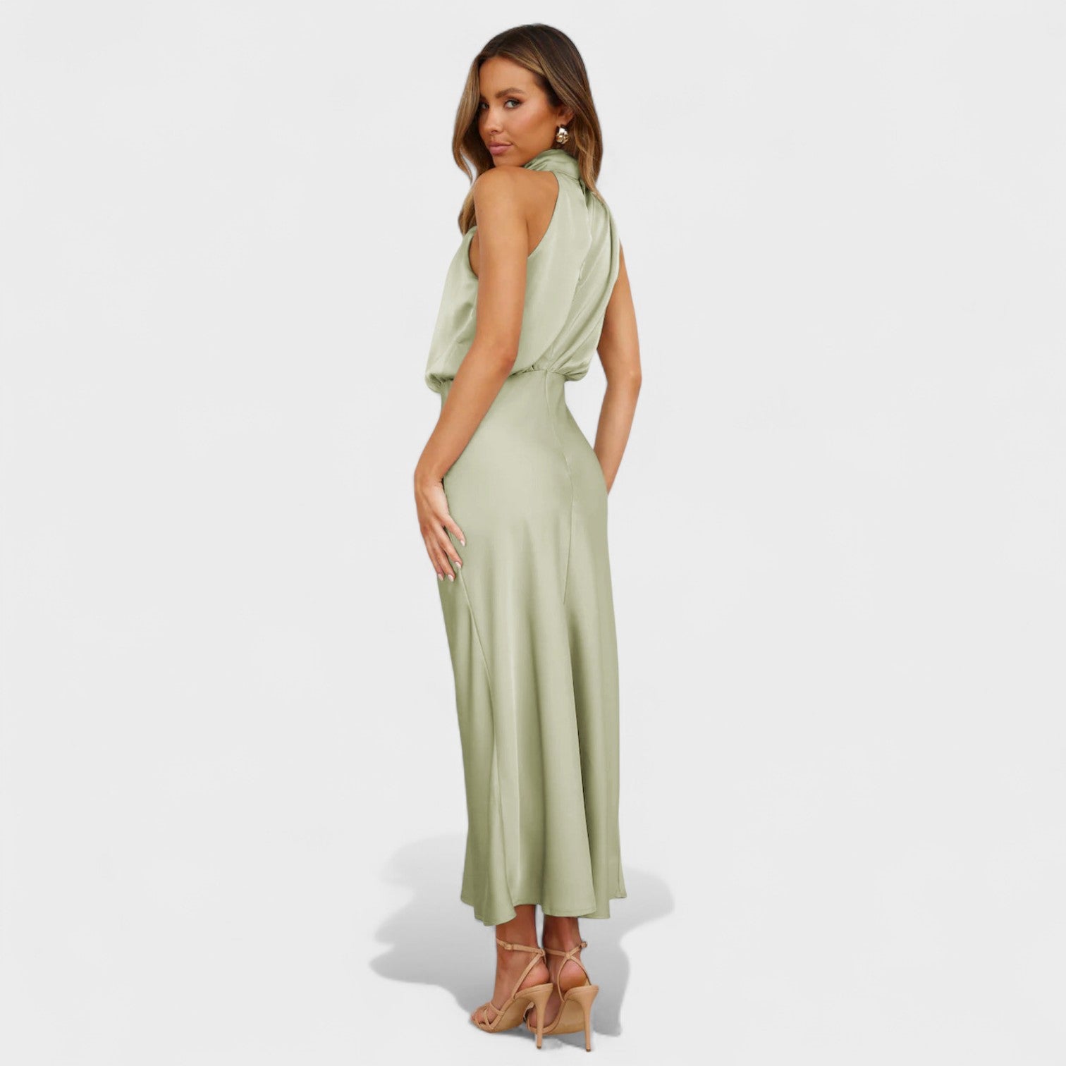 High-Neck Satin Midi Dress