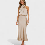 High-Neck Satin Midi Dress