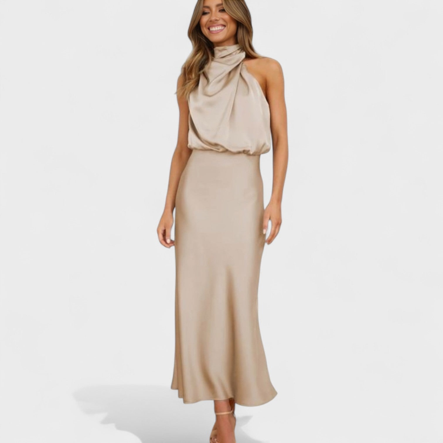 High-Neck Satin Midi Dress