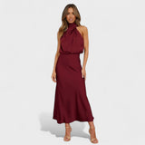 High-Neck Satin Midi Dress