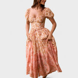 Peach Floral Print Midi Dress