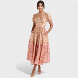Peach Floral Print Midi Dress