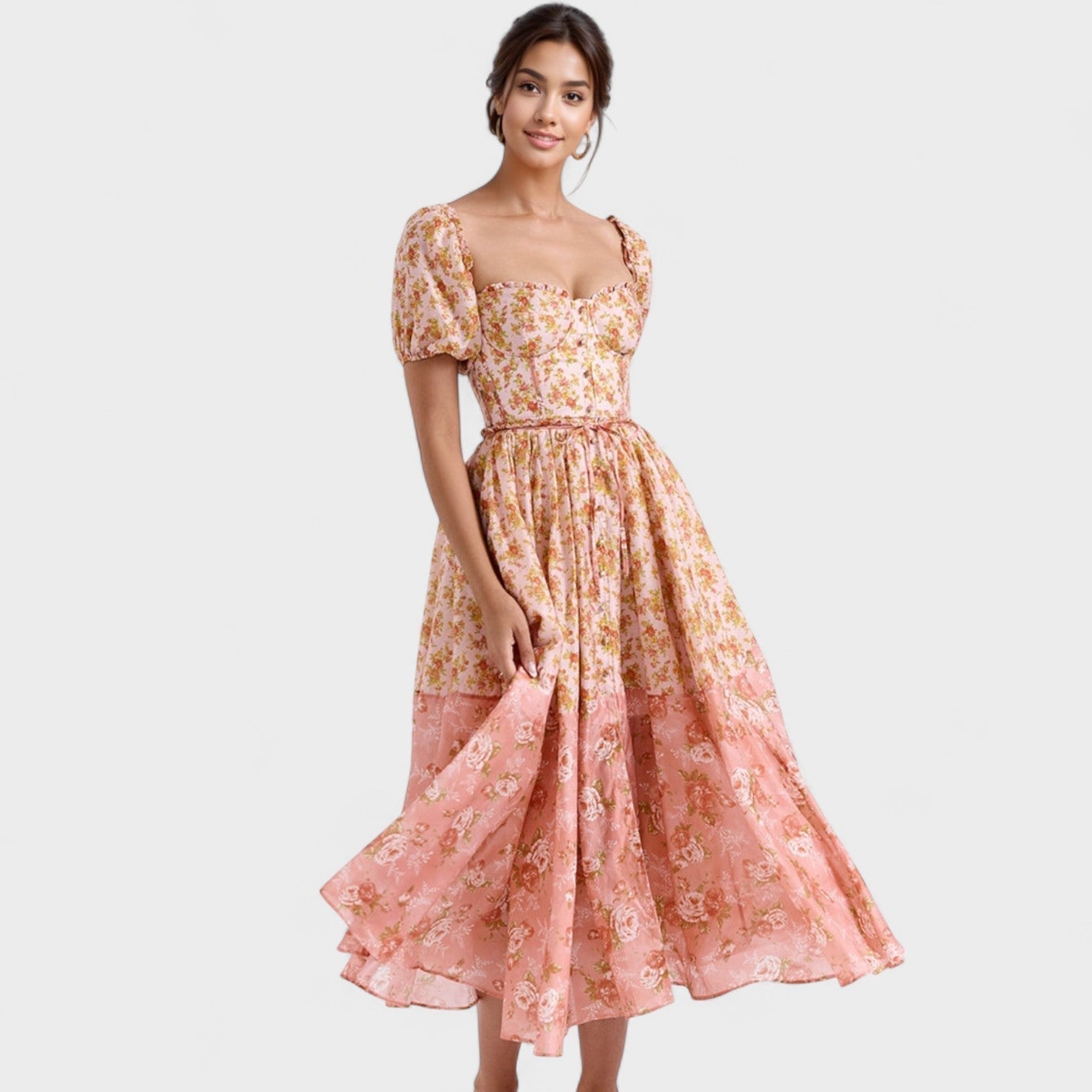 Peach Floral Print Midi Dress