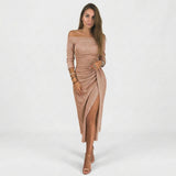 Off-Shoulder Long-Sleeve Midi Dress